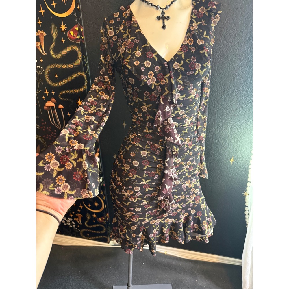 Guess Floral Mesh Ruched Mini Dress Black Long Sleeve Ruffle V-Neck XS